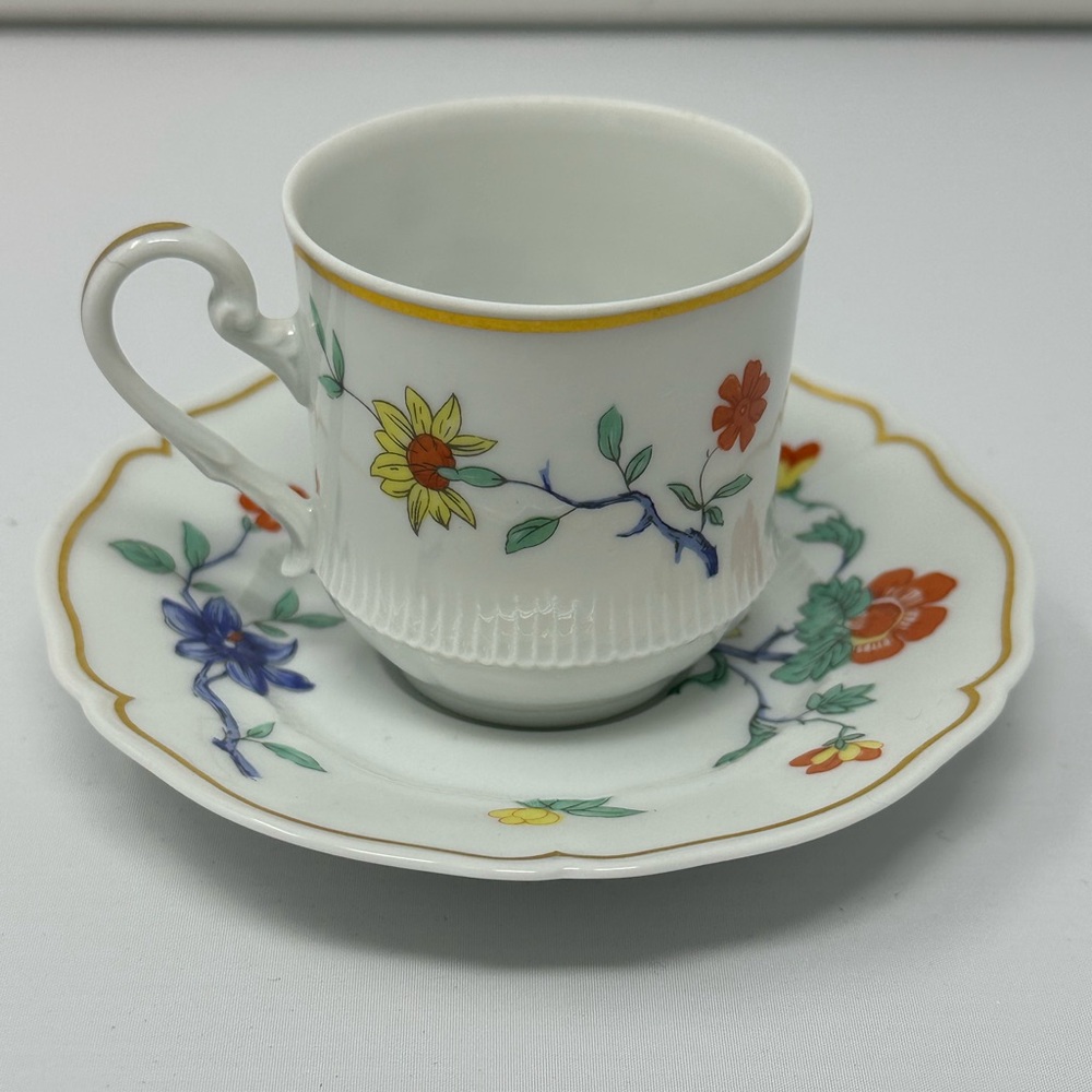 HAVILAND LIMOGES SHALIMAR DEMITASSE CUP AND SAUCER SET RED FLOWERS GOLD TRIM